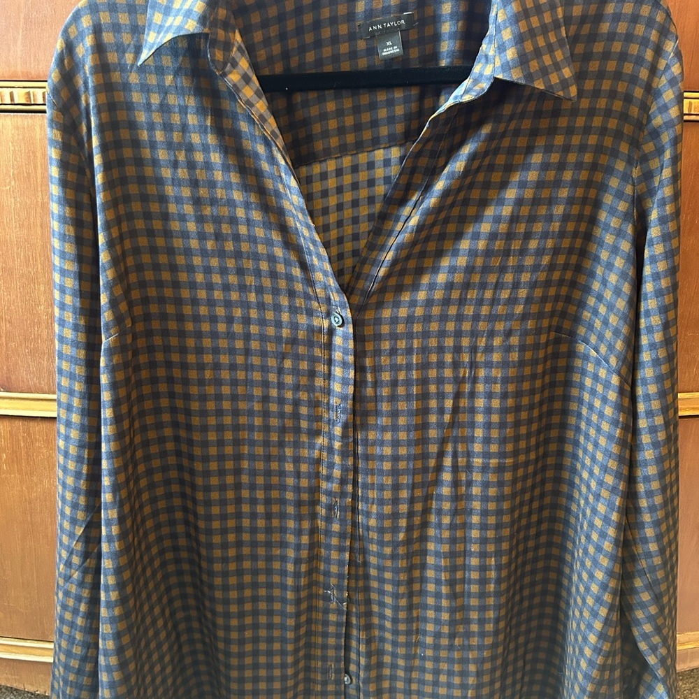 Ann Taylor Blouse - Blue and Brown Checkered Blouse; size XL